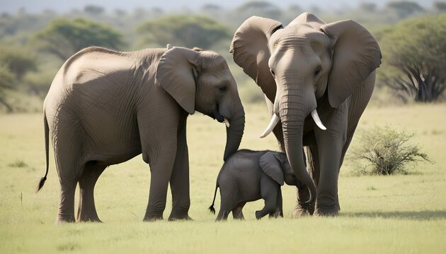 A Mother Elephant Teaching Her Calf How To Graze