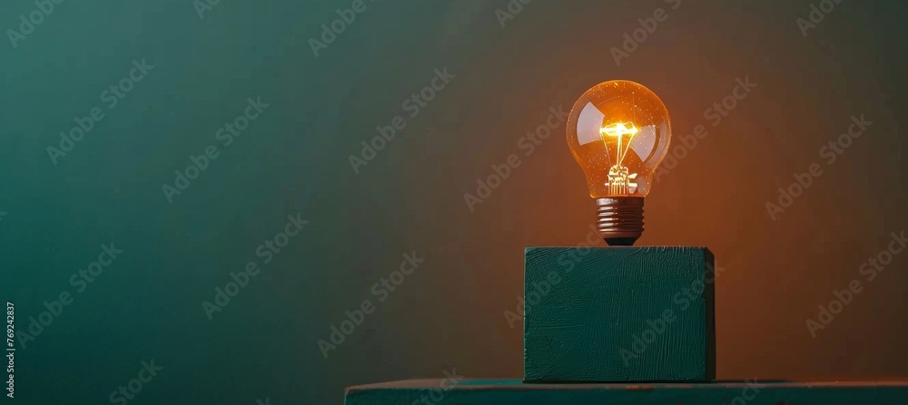 Aufkleber glowing light bulb on block with text space, solid color backdrop for effective messaging