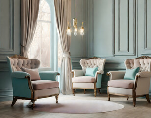 Pastel interior in classic style with soft armchairs and lamps. 3d rendering. Generative AI.