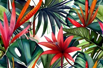 Tropical plants and palm trees, for texture background photo wallpaper or banner. Wallpaper pattern...