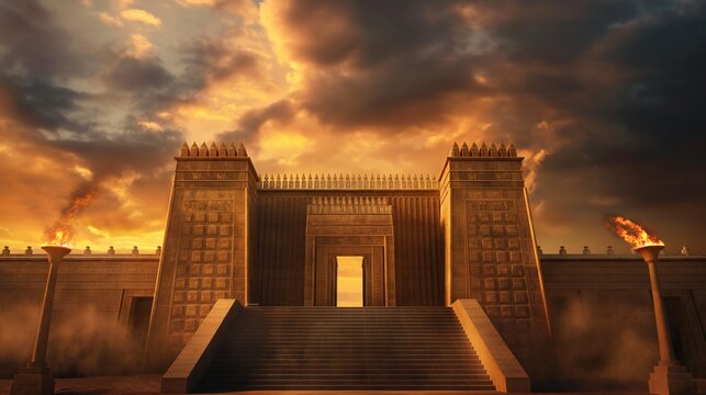 A gigantic ancient ruin with an open door There was a large staircase leading to the entrance with dark clouds in the sunset light as a backdrop,ai generated.