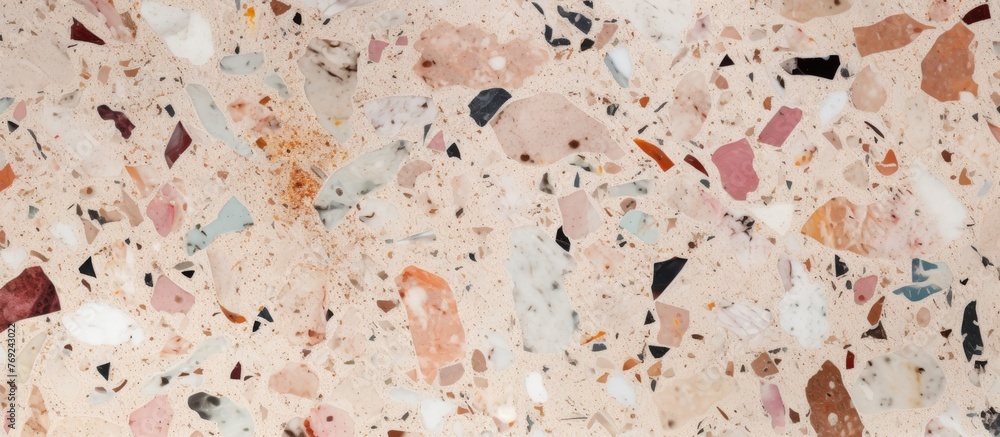 Poster a detailed shot of a marble countertop adorned with numerous small rocks creates a unique pattern re