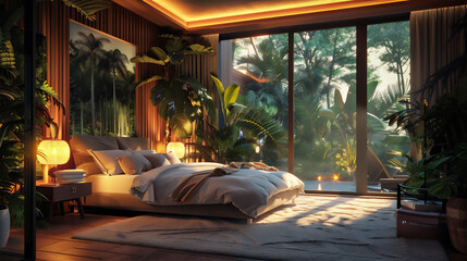 luxurious bed room with jungle theme in the night with dreamy light