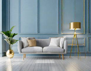 Scandinavian interior of living room concept, light gray sofa with gold lamp on white floori. Generative AI.