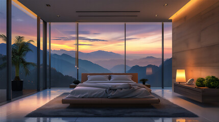 luxurious bed room with mountain theme in the night with dreamy light