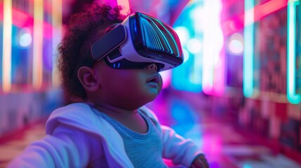 Photo of a chubby black baby wearing VR glasses, on a high tech neon environment