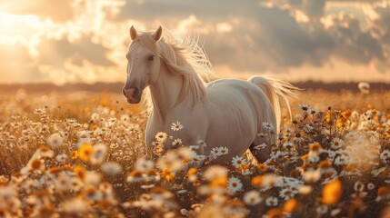 A white horse stands in a flowerfilled grassland under a blue sky - obrazy, fototapety, plakaty