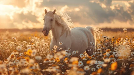 Foto op Plexiglas A white horse stands in a flowerfilled grassland under a blue sky © yuchen