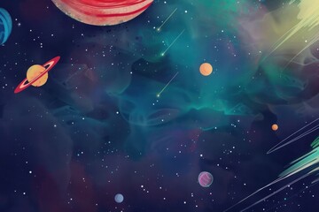 Outer space explorations with whimsical planets and stars, Whimsical illustration of a nebula with planets and shooting stars.