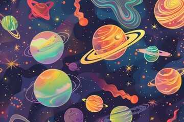 planets and stars background, Starry nebula scene featuring a variety of planets and comets.