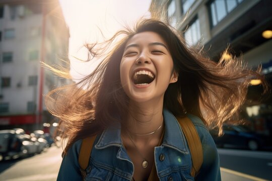 A heartwarming scene capturing the pure joy and connection between a happy girls, very glad smiling with broad smile showing her perfect teeth having fun. Generative AI.