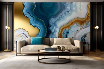 3d wallpaper for the wall decor. resin geode and abstract art, and functional art, like watercolor geode painting. golden, blue, and white marble Generative AI - obrazy, fototapety, plakaty
