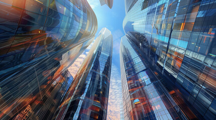 Blend the futuristic skyscrapers into a kaleidoscope of glass, reflecting the essence of urban evolution