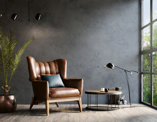 Style loft interior with leather armchair on dark cement wall.3d rendering. Generative AI.