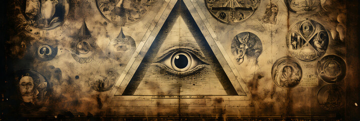 Mystic Collage: All-Seeing Eye Amidst a Tapestry of Esoteric Symbols and Ancient Glyphs - obrazy, fototapety, plakaty