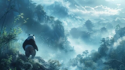 A panda bear is perched on a mountain top in a misty forest