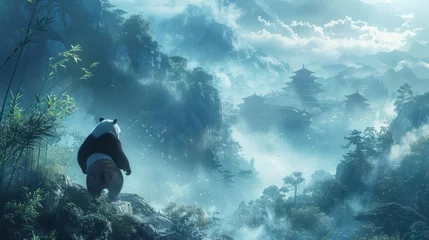 Foto op Plexiglas A panda bear is perched on a mountain top in a misty forest © yuchen
