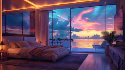luxurious bed room with summer beach theme in night with dreamy light