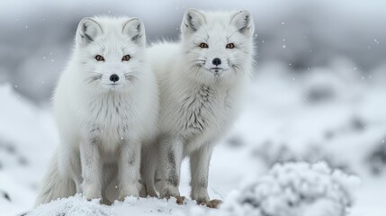 Fototapeta premium Two carnivorous arctic foxes with whiskers standing in the snow