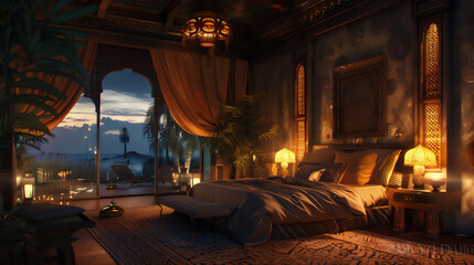 luxurious bed room with Arabian theme, night with dreamy light