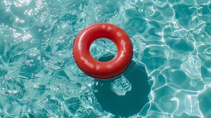 Bright red pool float floating in a crystal clear blue swimming pool on a sunny day
