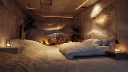 luxurious minimalist bed room with desert theme, night with dreamy light