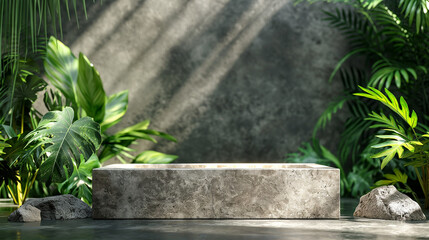 Natural stone and concrete podium in Natural green background for Empty show for packaging product presentation. Background for cosmetic products, the scene with green leaves. Mock up the pedestal.