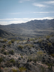 Dirt biker on ridge line trail on hills in Las Vegas Nevada desert