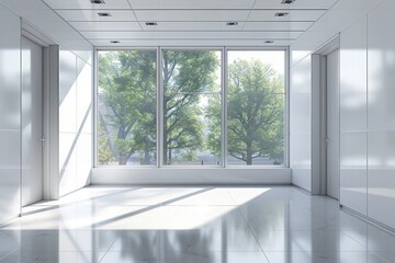Spacious empty office with sunlight streaming from windows