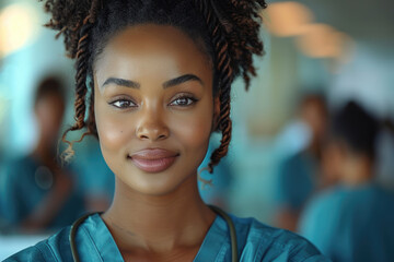 Una mujer negra de 32 años con cabello natural, que viste un uniforme de enfermera porque es enfermera registrada.






 - obrazy, fototapety, plakaty