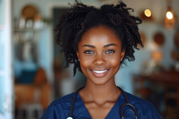 Una mujer negra de 32 años con cabello natural, que viste un uniforme de enfermera porque es enfermera registrada.







