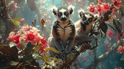 Two lemurs perched on a branch amidst colorful flowers in a jungle setting - obrazy, fototapety, plakaty