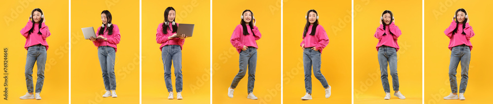 Sticker Full length portrait of Asian woman with headphones on orange background, set with photos