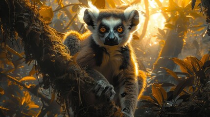 Naklejka premium A lemur with fur and whiskers sits on a tree branch in the jungle