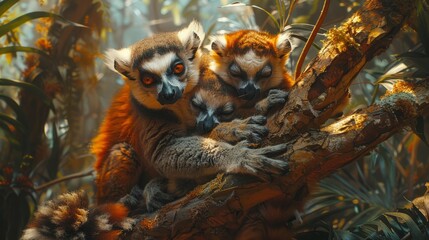 Naklejka premium Two lemurs perched on a tree branch in the jungle