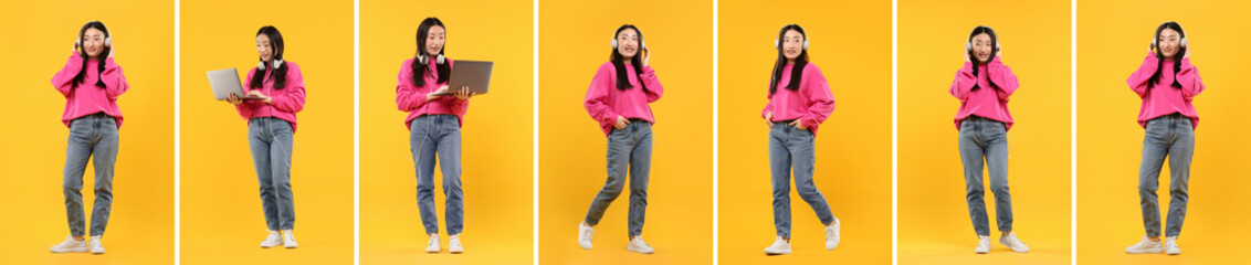 Full length portrait of Asian woman with headphones on orange background, set with photos