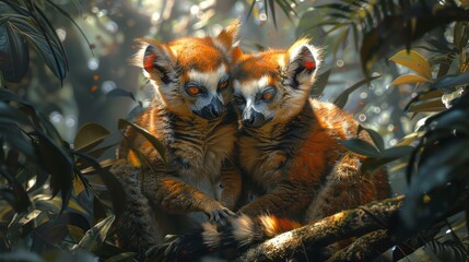 Naklejka premium Two lemurs perched on a tree branch in the jungle