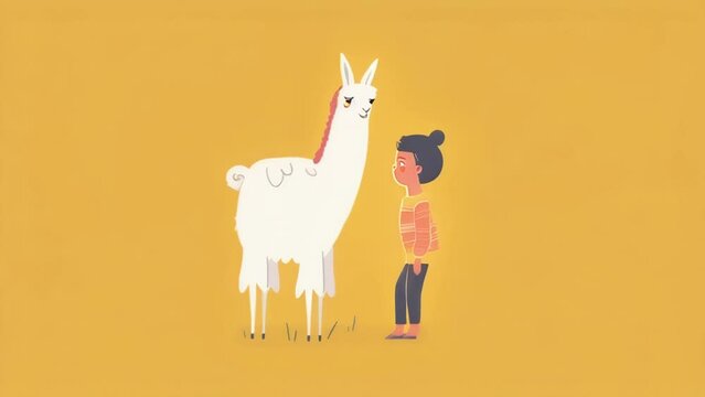 A brave child stands with a hand outstretched as a curious llama gently nuzzles it. The childs face is a mix of wonder and slight nervousness but the llama remains calm and