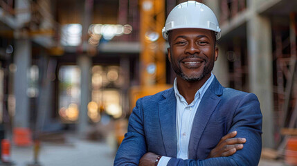 
Una fotografía de portada que muestra a un contratista en construcción sonriendo con confianza - obrazy, fototapety, plakaty