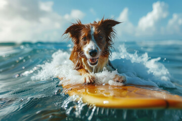 Un Border Collie feliz surfeando en una tabla de surf en una ola muy alta.






 - obrazy, fototapety, plakaty