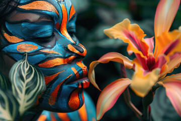Una mujer latina con un maquillaje facial de azul mate y líneas brillantes de naranja, observa una flor, siguiendo el estilo de tonos oscuros blancos y naranjas, con simbolismo tropical - obrazy, fototapety, plakaty