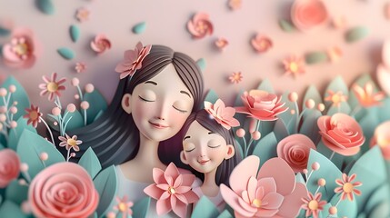 Obraz na płótnie Canvas A tender 3D illustration capturing a moment of affection between a mother and child amidst a blossoming paper flower garden.