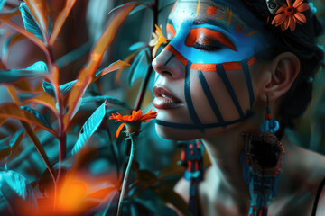 Una mujer latina con un maquillaje facial de azul mate y líneas brillantes de naranja, observa una flor, siguiendo el estilo de tonos oscuros blancos y naranjas, con simbolismo tropical