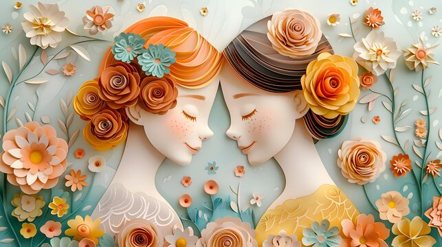 Elegant 3D illustration of two women with floral hairstyles in an intimate forehead touch, set against a backdrop of paper flowers.