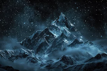 Muurstickers Una montaña en la noche con un rastro de estrellas, siguiendo el estilo de paisajes de fantasía exótica © Julio