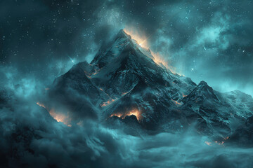 Una montaña en la noche con un rastro de estrellas, siguiendo el estilo de paisajes de fantasía exótica - obrazy, fototapety, plakaty