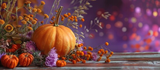 Fall-themed pumpkin decoration and dried flowers displayed on a wooden surface with a purple backdrop. Thanksgiving card. - obrazy, fototapety, plakaty