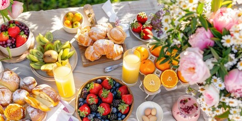 A complete set table brunch spread with colorful floral arrangements, fresh fruits, and pastries. Celebrate and cherish the special occasion during springtime.