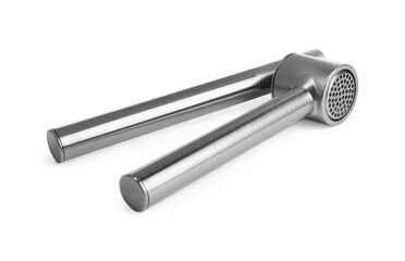 One metal garlic press isolated on white