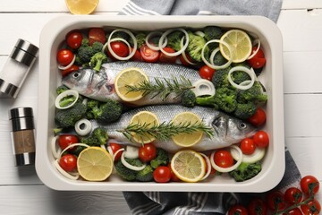 Raw fish with vegetables in baking dish and lemon on white wooden table, flat lay